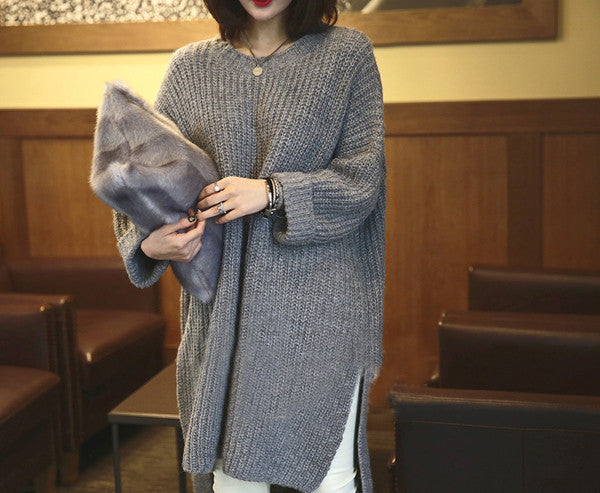 Gray Slitting Irregular Knitting Long Sweater - Oh Yours Fashion - 1