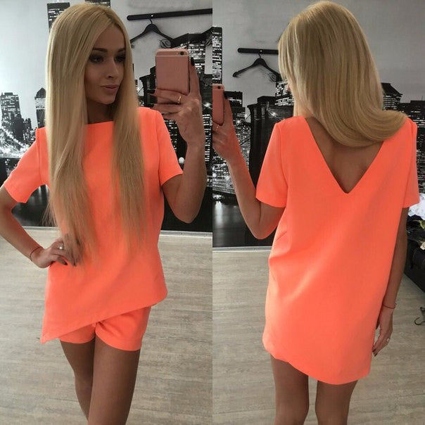 Short Sleeves Pure Color Blouse Shorts Two Pieces Suits - Oh Yours Fashion - 6