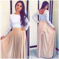 Lace High-waist Long Sleeves Pleated Splicing Long Dress - Oh Yours Fashion - 4