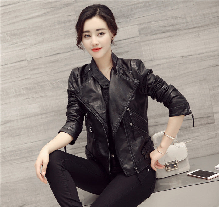 Black Oblique Zipper Slim Stand Collar Crop Jacket - Oh Yours Fashion - 4