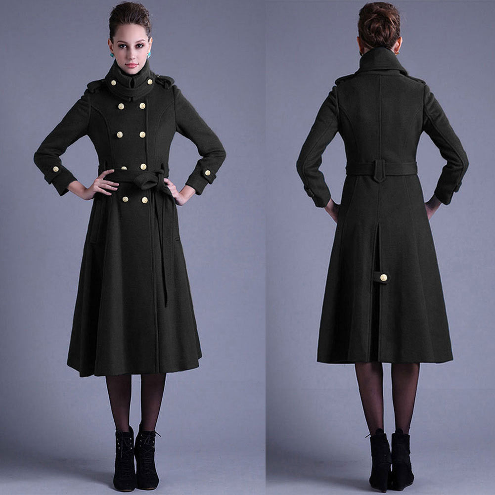 Stand Collar Button Belt Pleated Long Coat - Oh Yours Fashion - 5