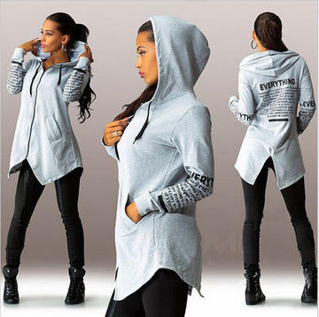Hooded Split Letter Print Zipper Long Coats - Oh Yours Fashion - 1