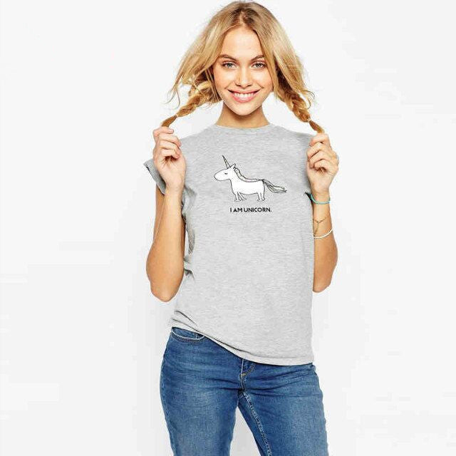 2017 Fashion Unicorn print Scoop Short Sleeves Casual Loose T-shirt