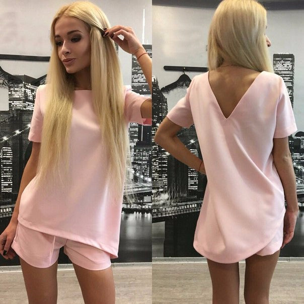 Short Sleeves Pure Color Blouse Shorts Two Pieces Suits - Oh Yours Fashion - 4