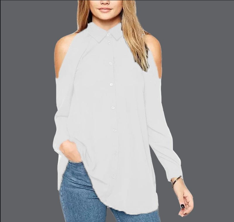 Shoulder Out Long Sleeves Pure Color Turn-down Collar Blouse - Oh Yours Fashion - 4