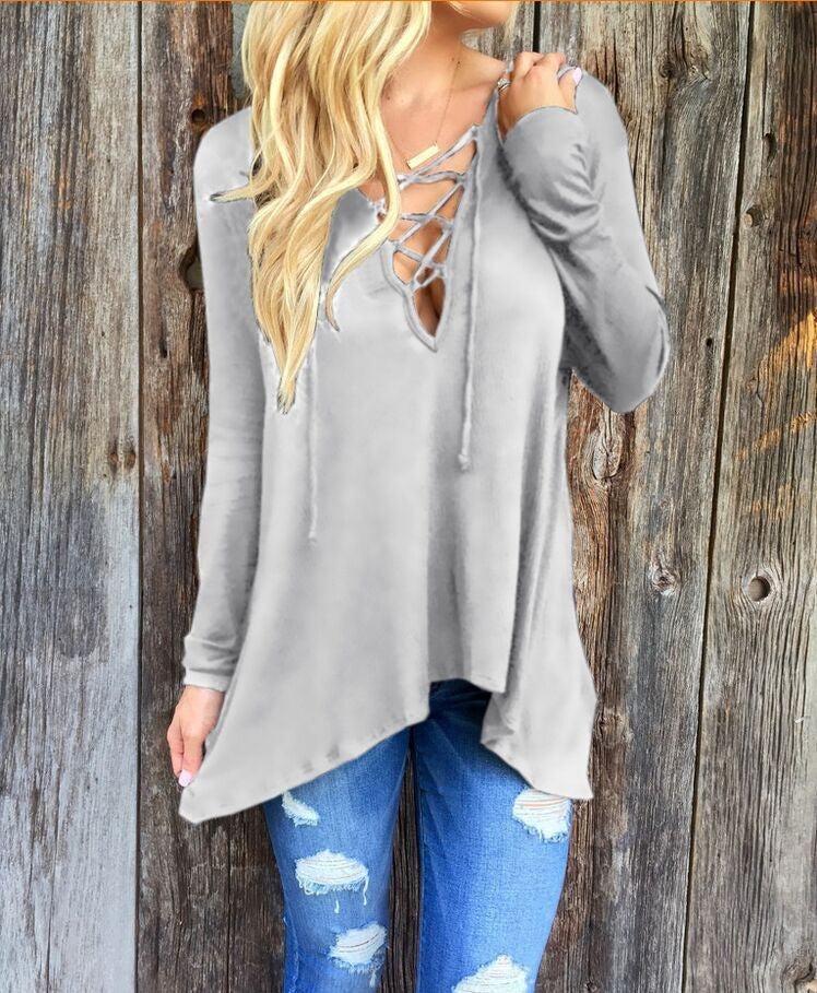 V Neck Cross Pure Color Hoodie Loose Blouse - Oh Yours Fashion - 5