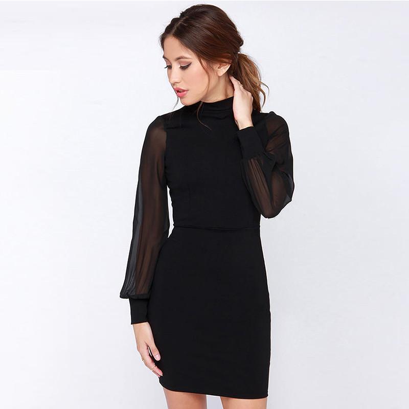 Slim Pure Color Splicing Backless Long sleeve Short Dress - OhYoursFashion - 1