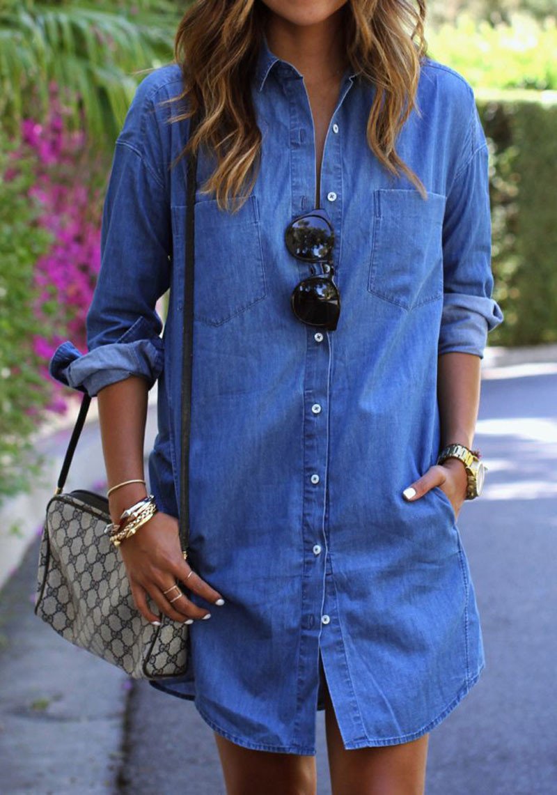 Casual Long Sleeve Loose Long Style Denim Dress - May Your Fashion - 4
