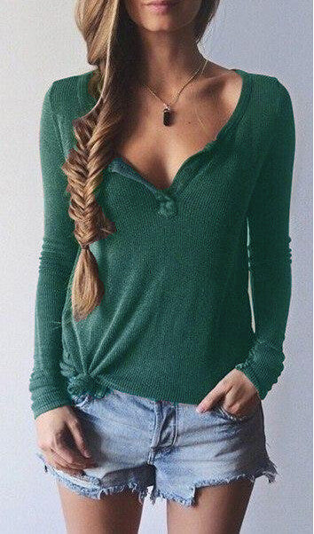 Ribbed Knit V-neck Pure Color Long Sleeves Sweater - Oh Yours Fashion - 2