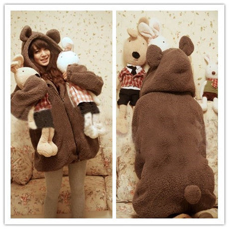 Cartoon Hooded Zipper Solid Bubble Cuff Long Coat - Oh Yours Fashion - 1