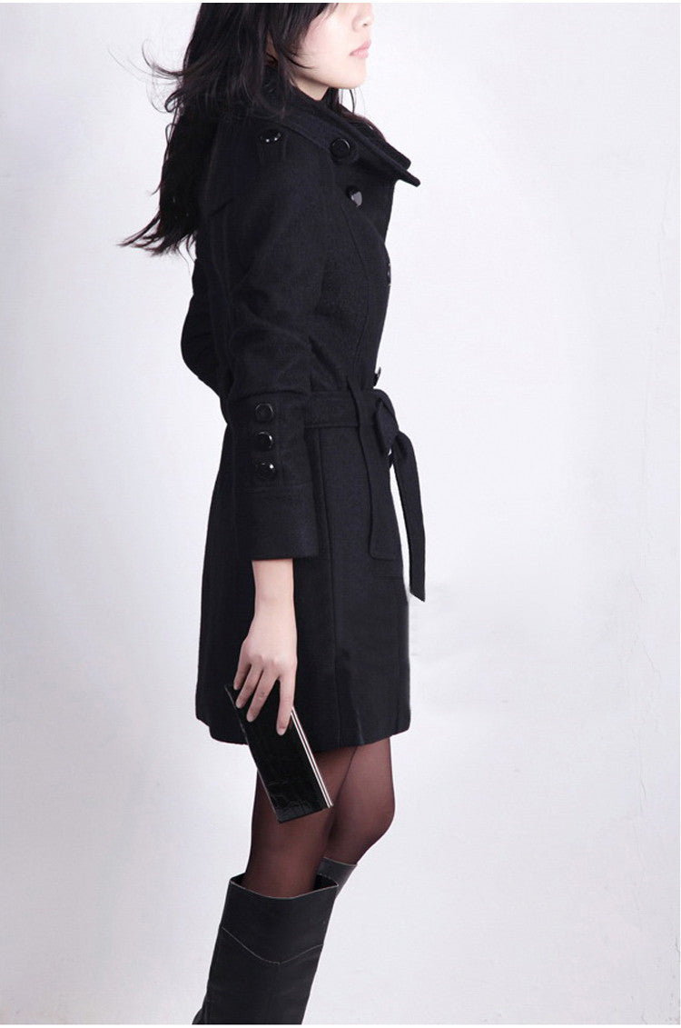 Double Breasted Stand Collar Belt Slim Long Plus Size Coat - Oh Yours Fashion - 5