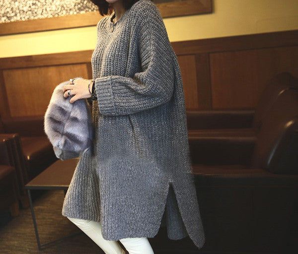 Gray Slitting Irregular Knitting Long Sweater - Oh Yours Fashion - 5