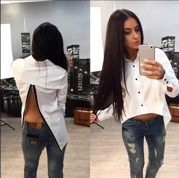 Irregular Split Pure Color Back Zipper Turn-down Collar Blouse - Oh Yours Fashion - 1