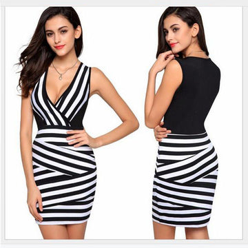 2019 Sexy  Deep V Sleeveless Black and white striped slim Dress