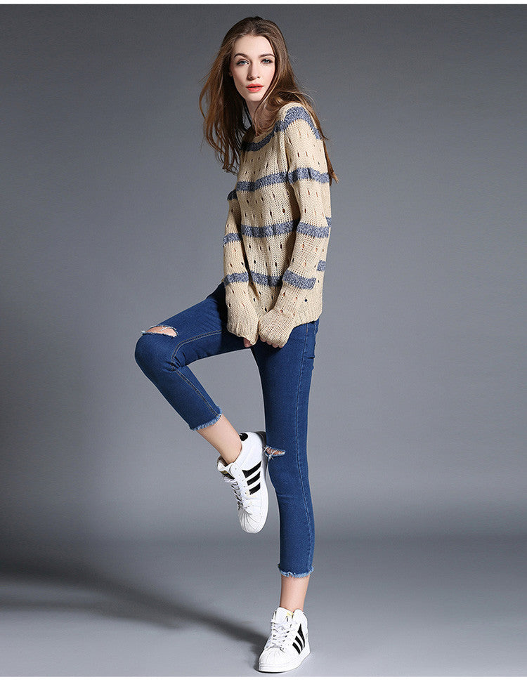 Fashion Stripe Hollow Out Pullovers Knitwear Sweater - Oh Yours Fashion - 7