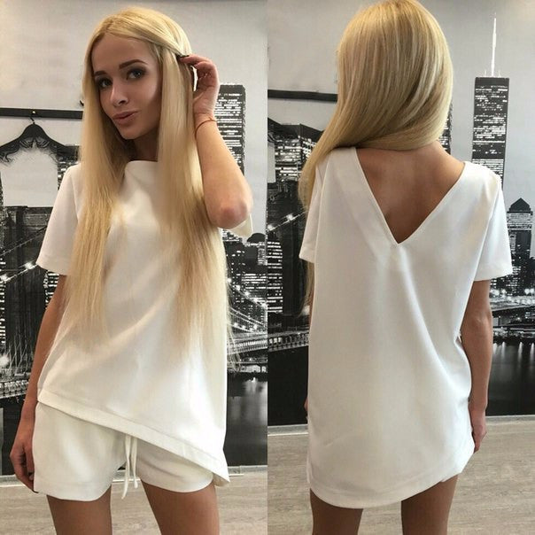 Short Sleeves Pure Color Blouse Shorts Two Pieces Suits - Oh Yours Fashion - 1
