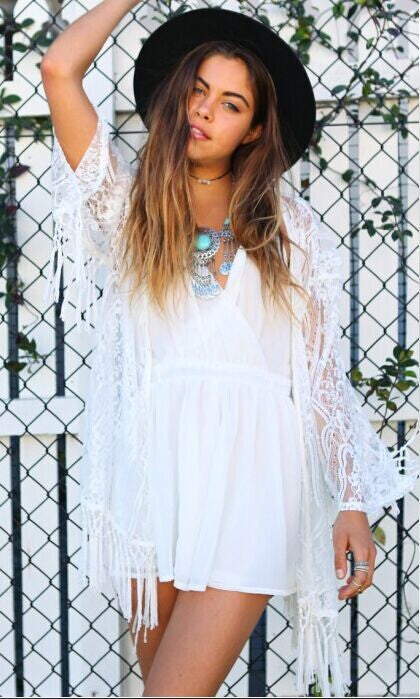 Lace Tassels Hollow Long Sleeve Short Cover Up Dress - Oh Yours Fashion - 2