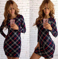 Fashion Plaid Print Long Sleeve Scoop Short Bodycon Dress - Oh Yours Fashion - 3
