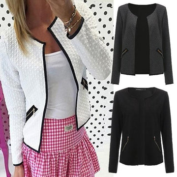 Long Sleeves Pure Color Zipper Pocket Round Collar Jacket