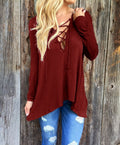V Neck Cross Pure Color Hoodie Loose Blouse - Oh Yours Fashion - 6