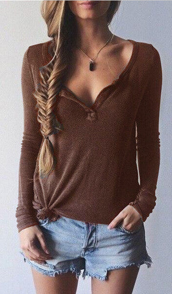 Ribbed Knit V-neck Pure Color Long Sleeves Sweater - Oh Yours Fashion - 5