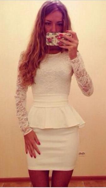 Long Sleeve Lace Splicing Bodycon Slim Fitting Short Dress - OhYoursFashion - 2