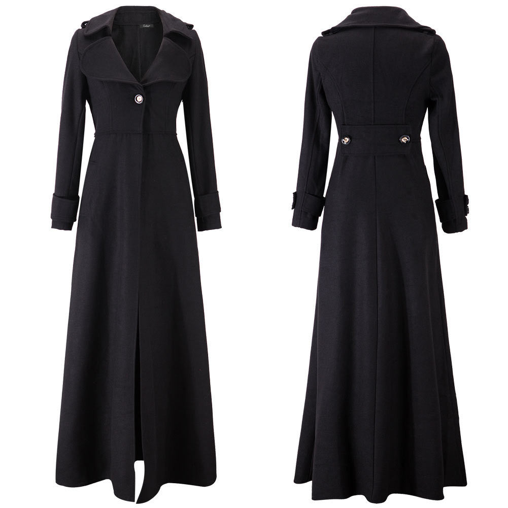 Turn-down Collar Woolen Slim Full Length Coat - Oh Yours Fashion - 12