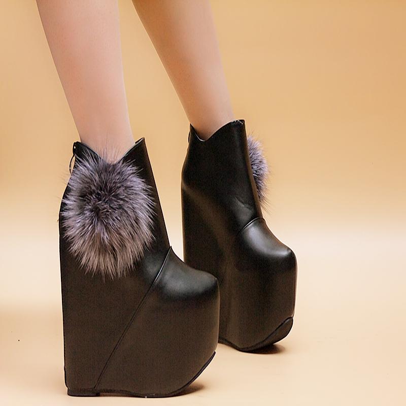 Faux Fur Decorate Inside High Wedge Heel Ankle Boots