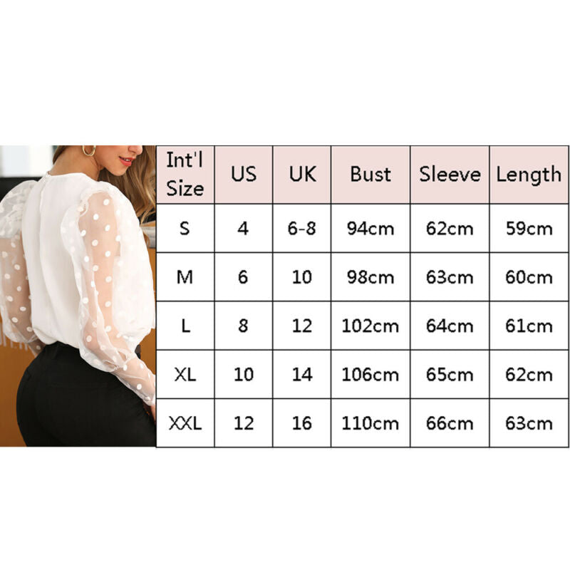 Vintage Blouse See-through Sleeve Sexy Polka Dot Print Blouse O Neck Lady Office Shirt Tunic Casual Loose Tops
