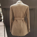 Vintage Double Breasted Office Ladies Plaid Blazer With Belt Long Sleeve Women Blazers