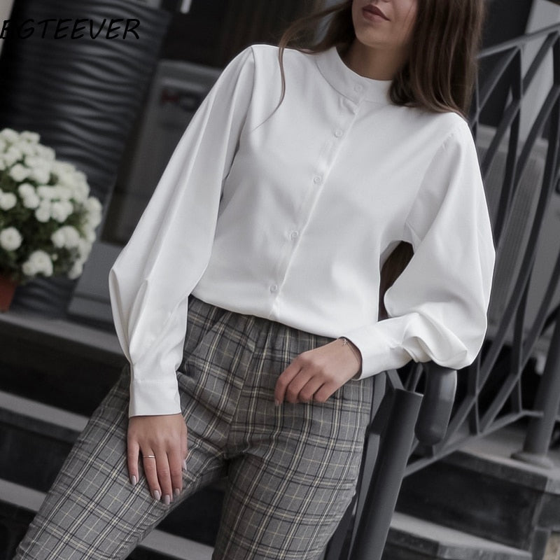 Vintage Lantern Sleeve Autumn Winter Thicken Women Shirt Blouses Single Breasted Blouse Female Loose Shirts Tops