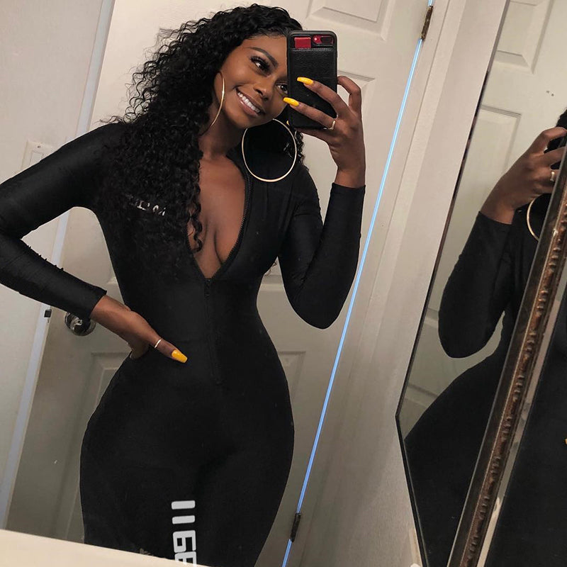 Black Long Sleeve Letter Print Bodycon Skinny Jumpsuits