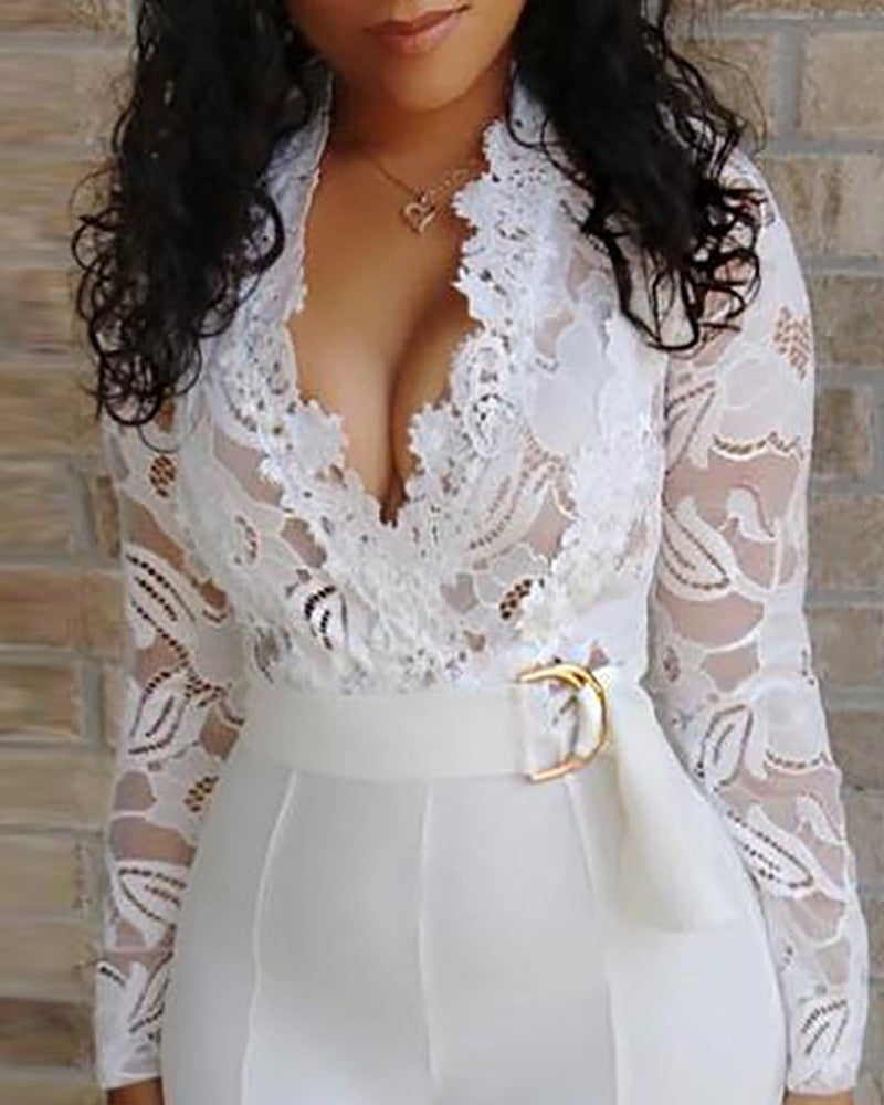 White Sheer Lace High Waist Wide Jumpsuits