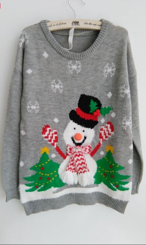 Fashion Christmas Tree Snowman Round Collar Knit Sweater - Oh Yours Fashion - 1