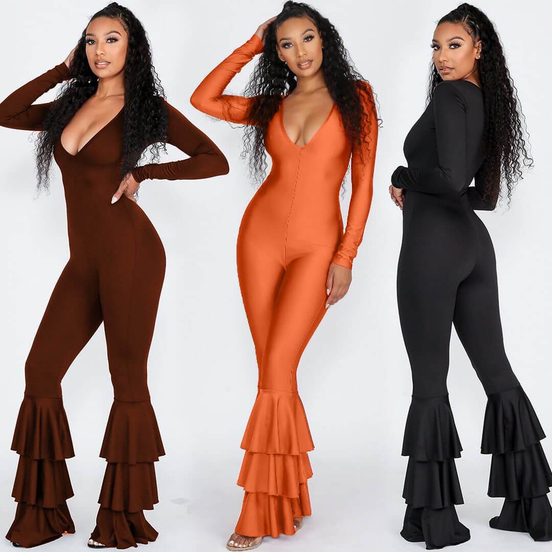 Sexy Long Sleeves Ruffled V Neck Bodycon Jumpsuits