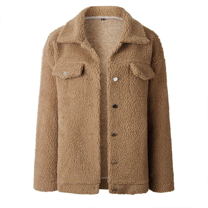 Plus Size Lapel Button Fleece Jacket