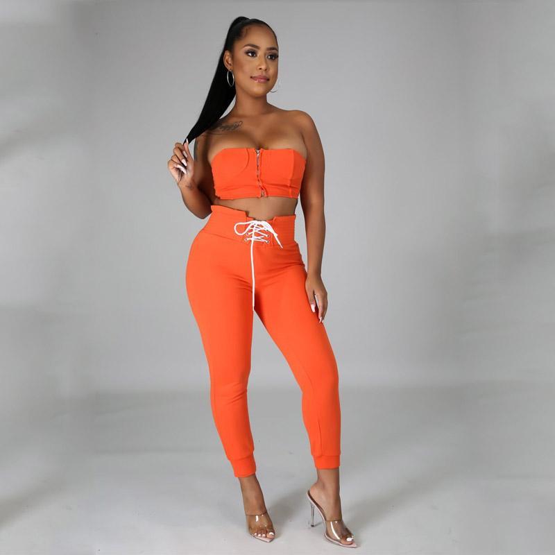 Sexy Candy Color Strapless High Waist Zipper Two Pieces Set