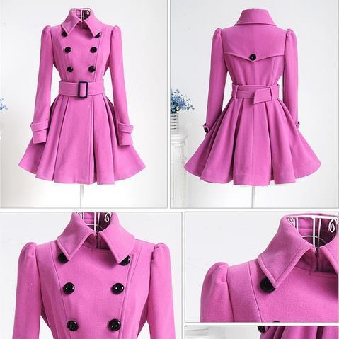 Flared Hem Turn-down Collar Slim Double Button Wool Coat With Belt