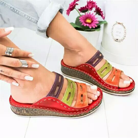 Summer Open Toe Flat Leather Multicolor Slide Sandals