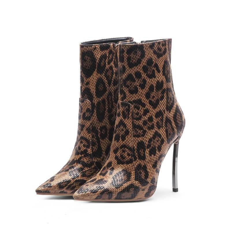 Sexy Leopard Zipper Point Toe High Heel Ankle Boots