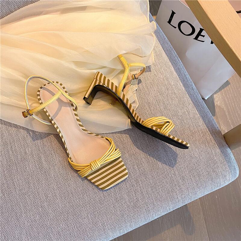 Casual Yellow Square Toe Stripes Low Heel Sandals
