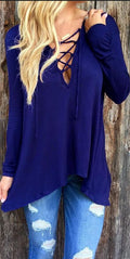 V Neck Cross Pure Color Hoodie Loose Blouse - Oh Yours Fashion - 2