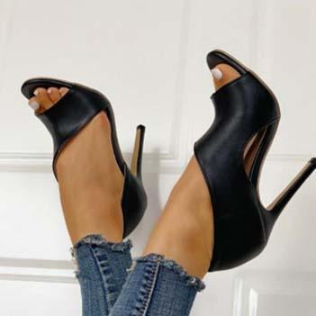 Black Leather High Heel Peep Toe Sandals