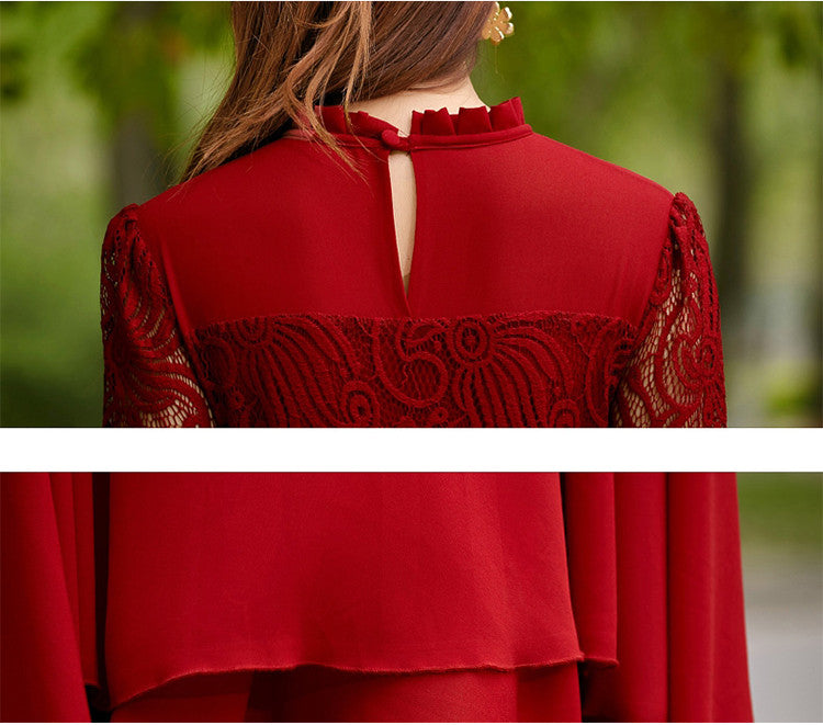 Charming Long Lace Sleeves Pleated Chiffon Long Red Maxi Dress - O Yours Fashion - 6