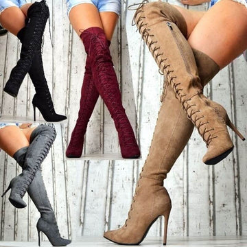 Scrub Point Toe High Heel Strap Over Knee Boots