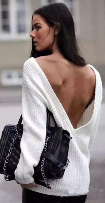 Sexy Loose Backless Deep V White Sweater - Oh Yours Fashion - 2
