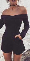 Black Off-Shoulder Long Sleeve High Waist Short Jumpsuit - Oh Yours Fashion - 1