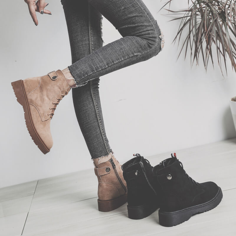 Lace Up Suede Zipper Flat Ankle Martin Boots