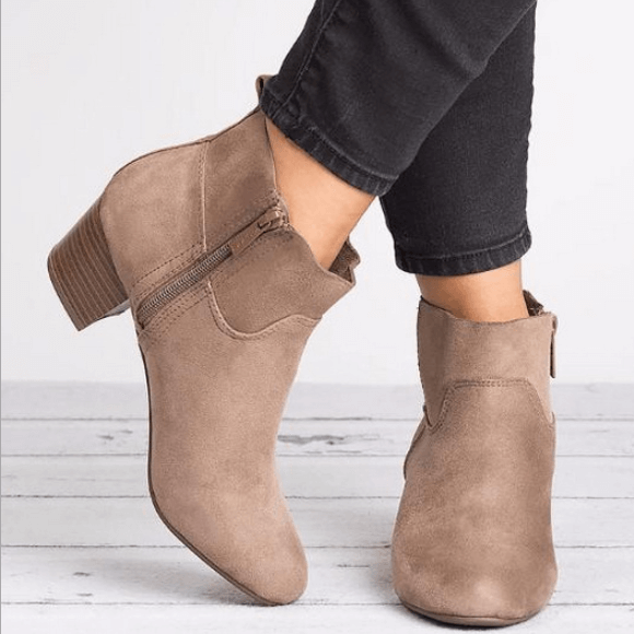 Low Chunky Heel Suede Round Toe Ankle Boots