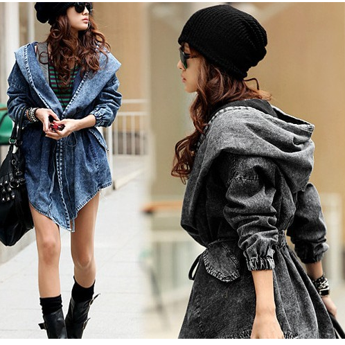 Hooded Irregular Belt Casual Mid-length Long Sleeves Denim Coat - Oh Yours Fashion - 1
